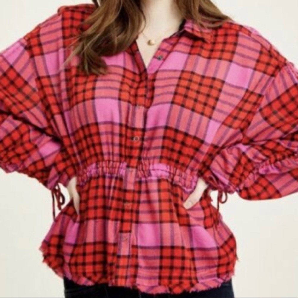 We The Free People Pacific Dawn Drawstring Plaid Raw Hem Red Top